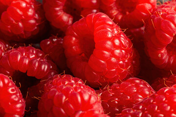 A close-up macro shot of fresh ripe raspberries, showcasing their rich red colour and intricate...