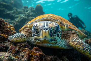 Obraz premium Diving with sea turtles in vibrant coral reefs is an underwater thrill