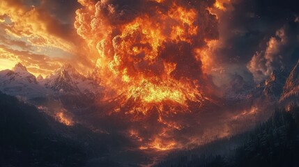 Fototapeta premium Fiery landscape depicting a cataclysmic event reminiscent of apocalyptic visions and end-of-world scenarios