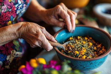 Herbal preparation in a vibrant kitchen surrounded by nature's colors and fragrances