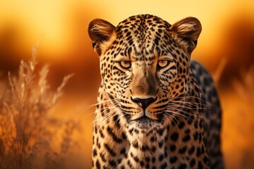 Fototapeta premium Alert Leopard Portrait Intensity in the Gaze of a Powerful African Predator Bathed in Golden Light