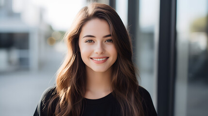 Fototapeta premium A woman with long brown hair is smiling
