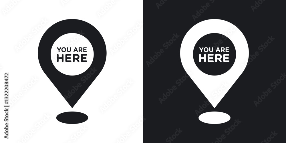 Poster you are here pointer icons in solid black and white collection