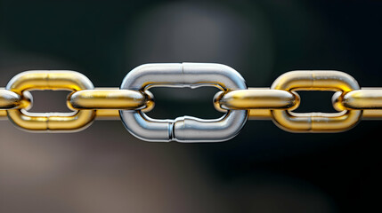 Obraz premium Close Up of Interlocked Gold and Silver Metallic Chain Links on a Dark Blurred Background