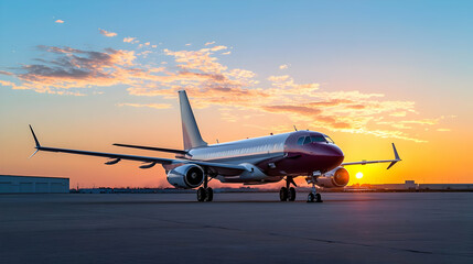 Elegant Maroon And Silver Jet Airplane On Tarmac During Golden Hour Sunset