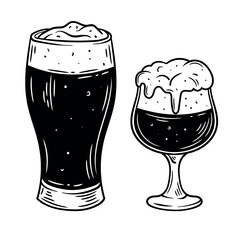 Hand-drawn black and white vector illustration of two glasses filled with dark beer. One is a classic pint glass, while the other is a snifter glass with frothy foam overflowing. The vintage engraving