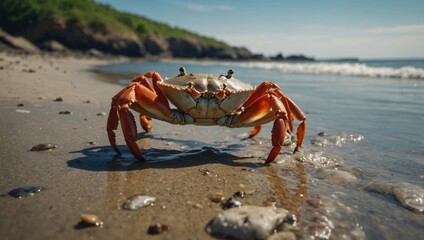 Realistic crab moving through a sea grass bed with a gentle ocean current and sunlight casting shadows through the water