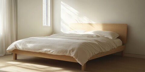 Fototapeta premium A minimalist bedroom with a bed in natural sunlight