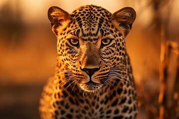 Naklejka premium Leopard Portrait. Close-up of a Majestic Leopard in the Warm Light of the Setting Sun.