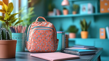 A visually stimulating study area with a fun backpack beside a row of fresh notebooks