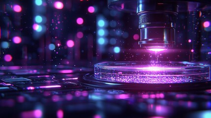 Futuristic device focuses bright purple beam onto a dish with particles