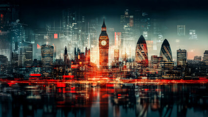 Fototapeta premium A vibrant red bus zooms through the city, long-exposure streaks trailing behind, with the glowing clock face of Big Ben adding to the charm.