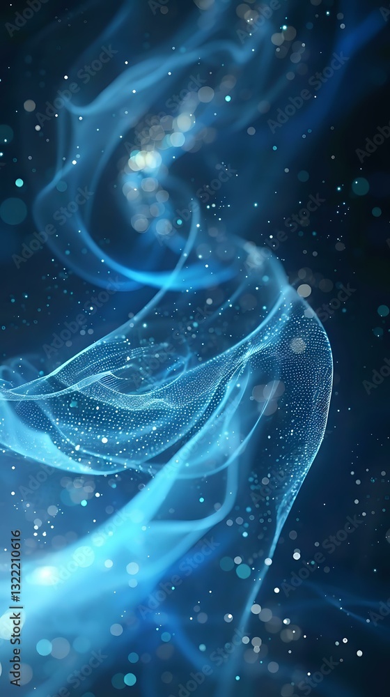 Poster ethereal blue particle wave formation with glowing dots and flowing mesh structure against dark back