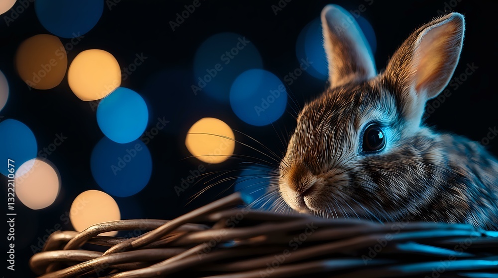 Poster young brown rabbit in wicker basket against dark background with blurred bokeh lights creating magic