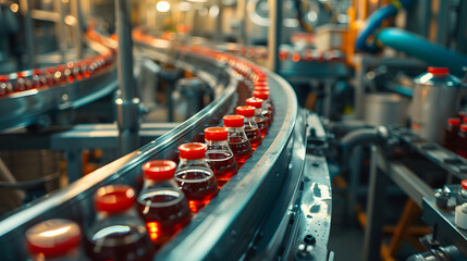 A line of bottles with red tops are being made in a factory