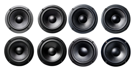 Eight Black Speaker Drivers in a Symmetrical Arrangement for Audio, Bundle Set Collection, Isolated on Transparent Background