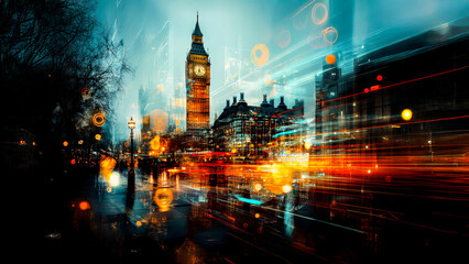 Obraz premium A double-decker bus in motion on a wet London street, reflecting city lights, with Big Ben as a timeless presence in the distance.