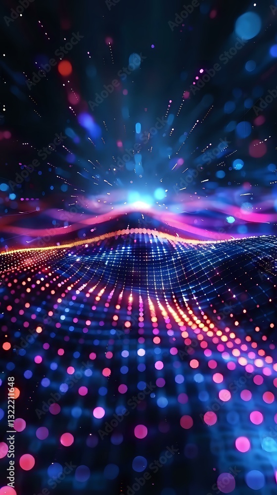 Poster abstract digital landscape with glowing neon grid and particles creating dynamic wave pattern in blu