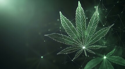 Glowing cannabis leaf outline with geometric connections on dark green background, digital network visualization showing medical marijuana concept.