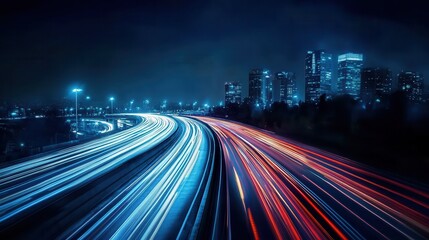 A long exposure night shot of cars speeding across a multi lane highway, their headlights and taillights creating streaks of light against the dark cityscape.