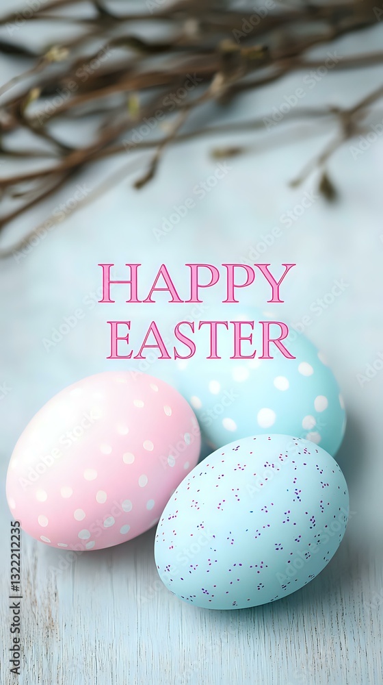 Poster pastel easter eggs with polka dot pattern and pink text greeting on rustic wooden background with sp