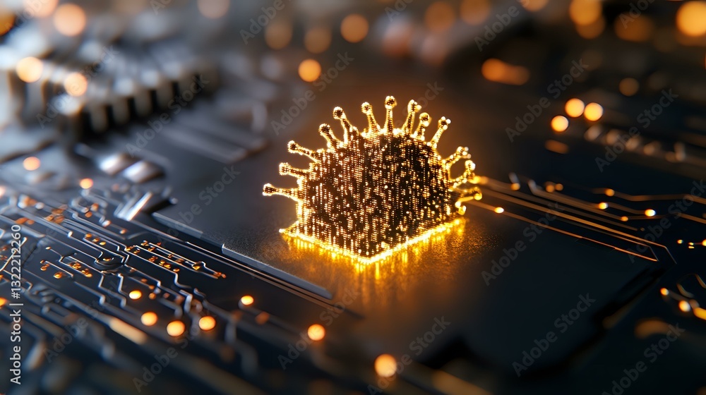Poster glowing microprocessor core on circuit board with golden light emission effect creates futuristic te