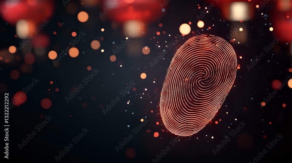 Poster glowing red fingerprint hologram floating in dark space with bokeh light effects, representing digit