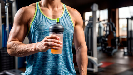 Fit Man Holding A Protein Shake In A Gym, Wearing A Blue Sports Tank Top, Representing Fitness, Muscle Recovery, Healthy Lifestyle, Sports Nutrition, And Workout Supplements.