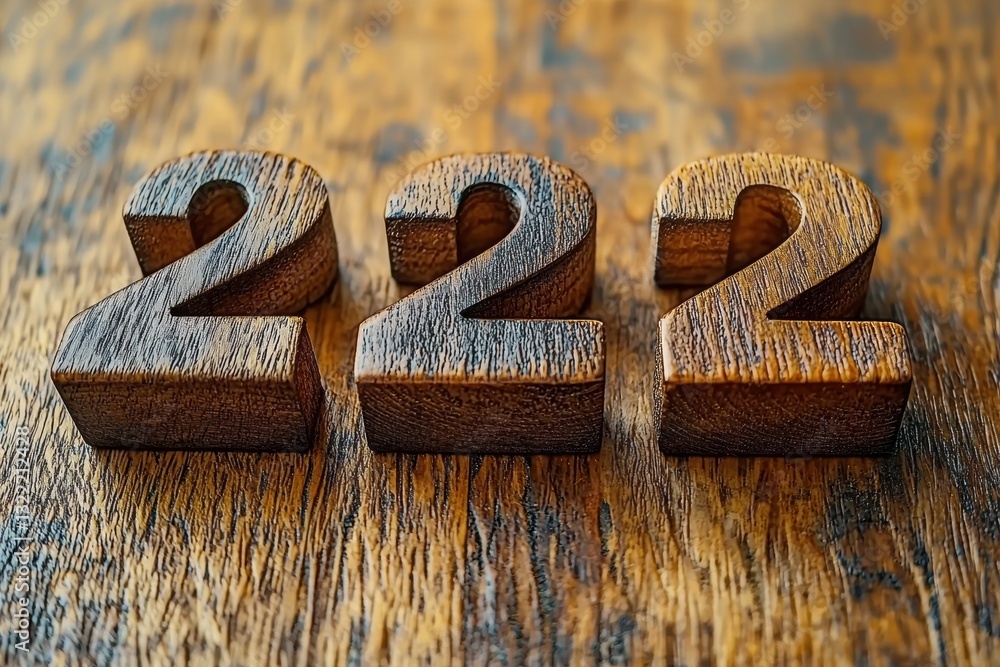 Poster three wooden blocks with the number 2 on them are arranged on a wooden surface