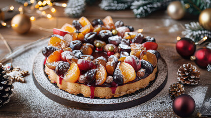 Fototapeta premium Christmas Delight: Festive Plum Cake with Ornaments and Fairy Lights for Holiday Cheer