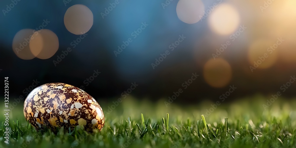 Poster speckled quail egg resting on fresh green grass with soft bokeh lights in background creating dreamy
