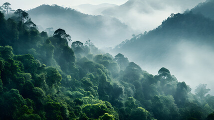 A forest with trees and a mountain in the background