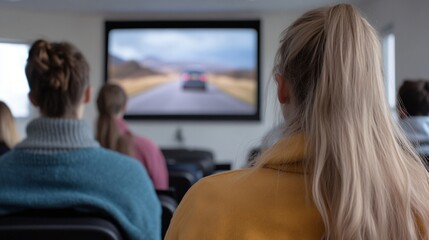 Drivers ed, Group of people watching presentation, diverse attendees engaged in learning, projecting informative video on large screen.