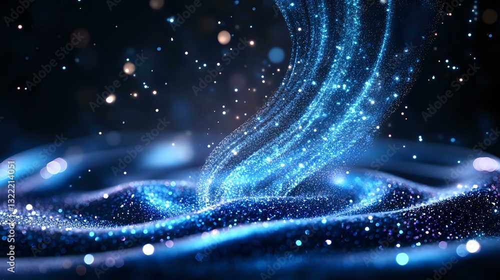 Aufkleber magical glowing blue waves with sparkles and light particles flowing in dark space create dreamy cos