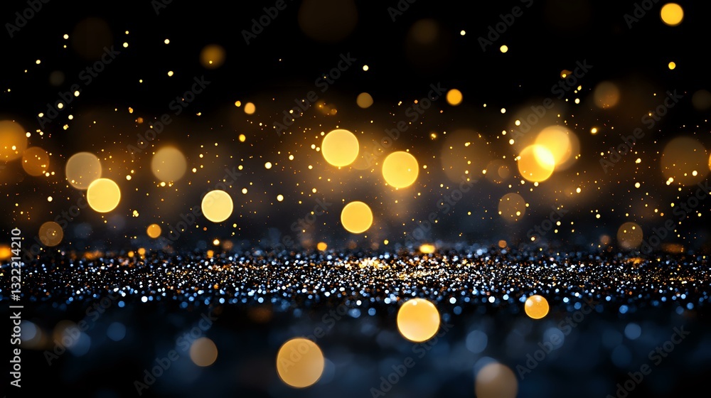 Poster magical glowing golden bokeh lights and sparkles on dark background with blurred glitter effect crea