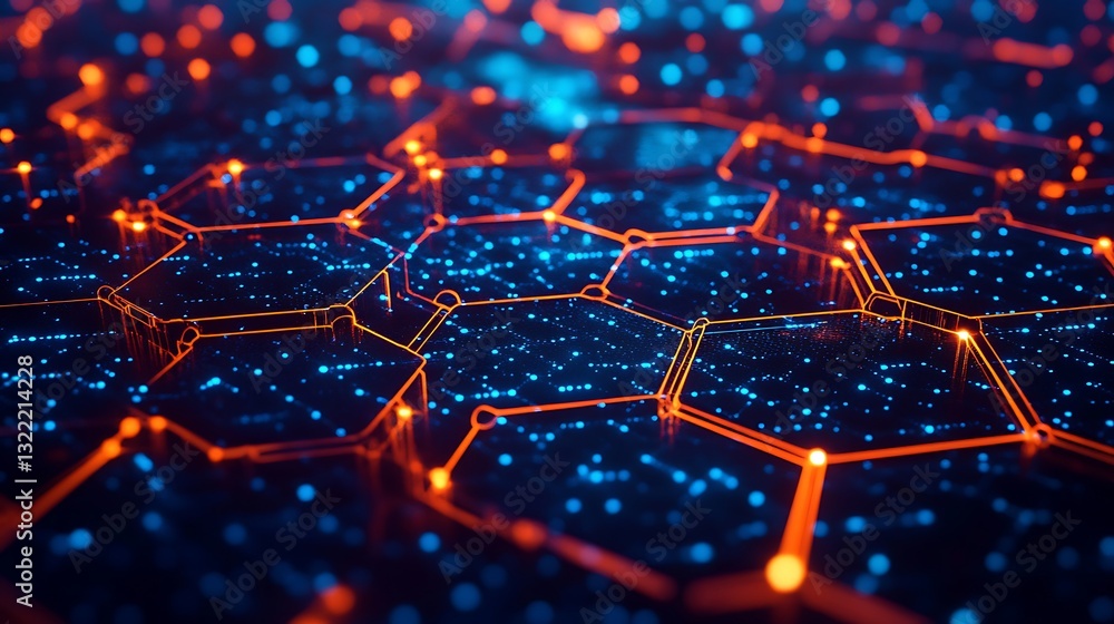 Poster abstract technology background with glowing hexagonal network, blue data points, and futuristic oran