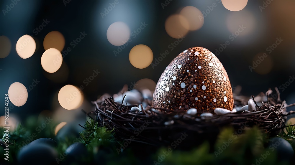 Poster chocolate easter egg decorated with sugar sprinkles in dark nest with bokeh lights background create