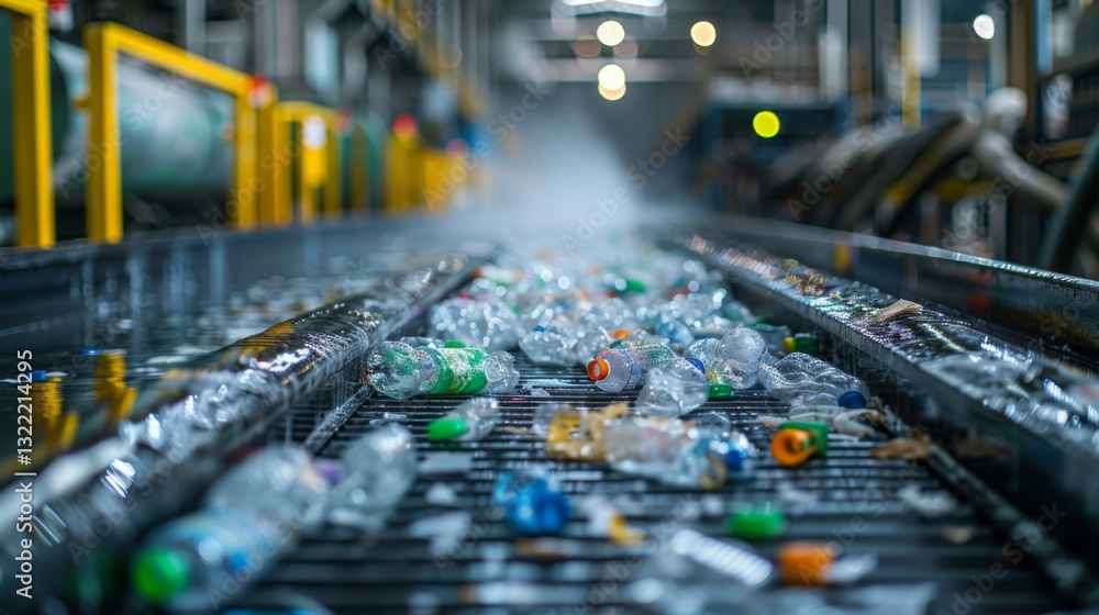 Aufkleber Workers sort through plastic waste at a recycling facility. Bottles of different shapes and colors are seen on the conveyor belt as machinery operates smoothly in the background.