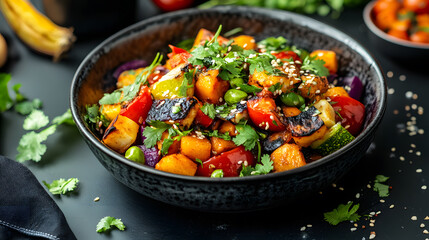 A beautifully plated vegan meal with vibrant vegetables, fresh herbs, and an artistic drizzle of sauce. The dish looks elegant and appetizing, appealing to the growing demand for plant-based cuisine.