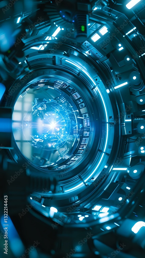 Poster futuristic circular tunnel with glowing blue technological elements and central light burst, creatin