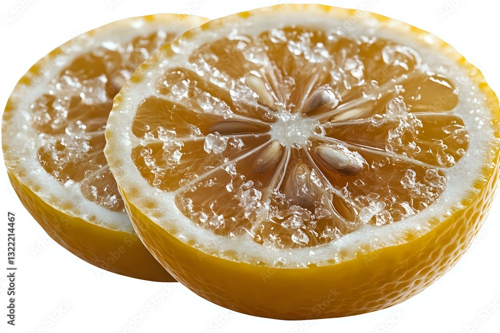 Poster fresh cut lemon halves covered in crystallized sugar creating sparkly frost effect on citrus fruit s
