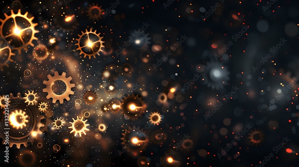 Poster glowing golden mechanical gears and cogs floating in dark space with bokeh light effects create magi