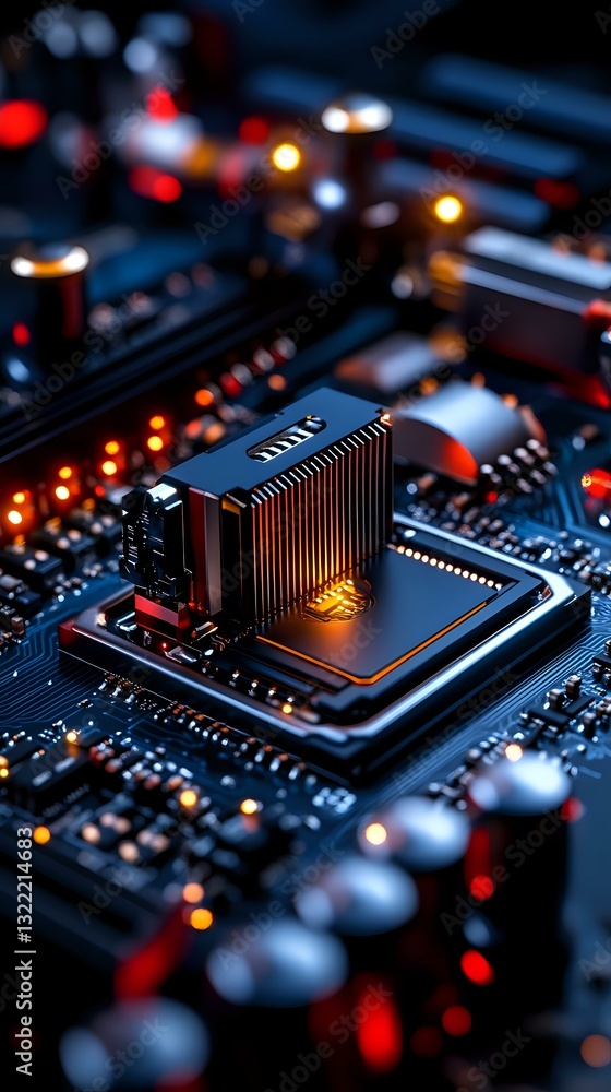 Poster glowing computer processor on circuit board with red and orange lights, dramatic macro photography s