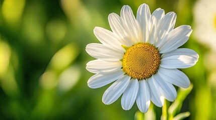 Fototapeta premium Close-Up of Vibrant Daisy Bloom With White Petals and Yellow Center in Bright Natural Sunlight Highlighting Springtime Beauty