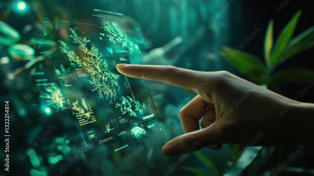Poster scientist interacting with a futuristic transparent display in a modern lab, analyzing data on green