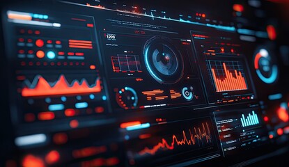 Futuristic digital dashboard with various data visualizations.  A complex interface displays graphs, charts, and gauges. 