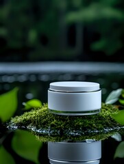 White cosmetic jar on green moss with water reflection against dark nature background, showcasing organic skincare product packaging for beauty and wellness brands.