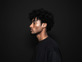 Obraz premium Dramatic side profile portrait of a young man with afro hairstyle on black background