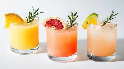 Colorful Refreshing Cocktails with Garnishes on a Bright Background
