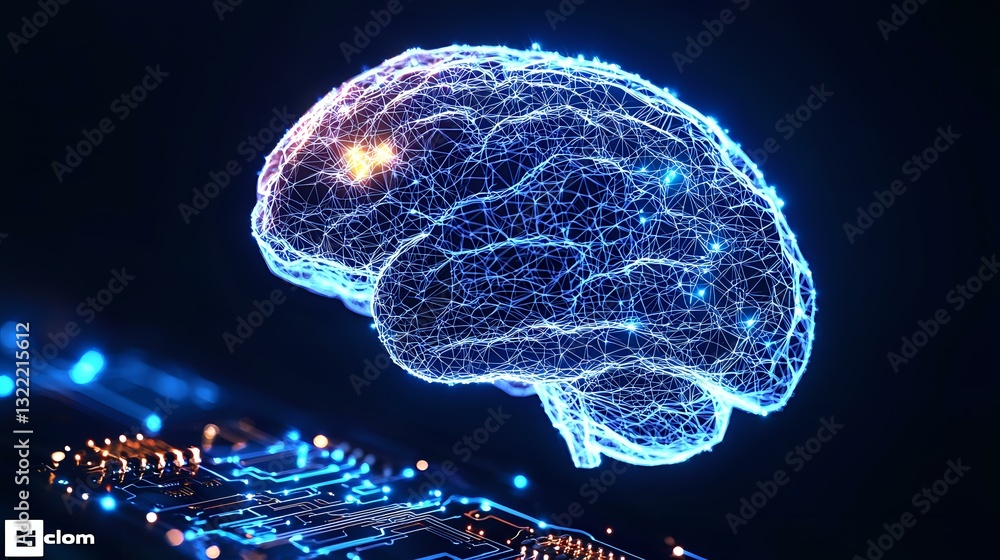Poster glowing digital brain hologram over electronic circuit board, representing artificial intelligence a